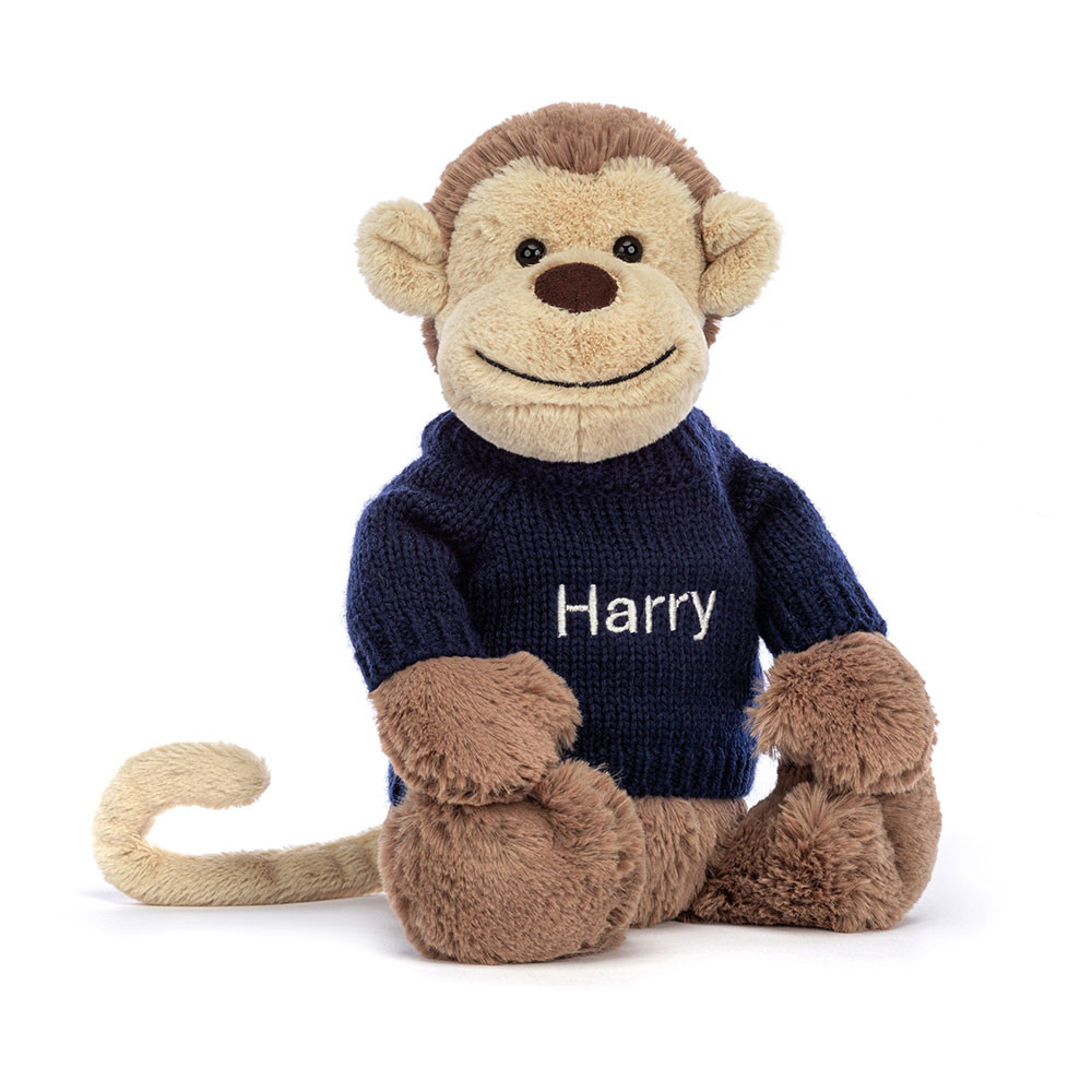 Bashful Monkey with Personalized Navy Jumper 1 Bashful Monkey with Personalized Navy Jumper